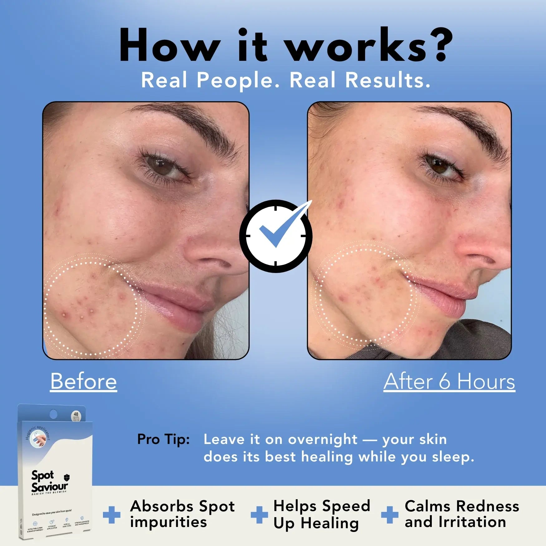 Before and after effect of a skincare product on a person's face with text explaining the results.
