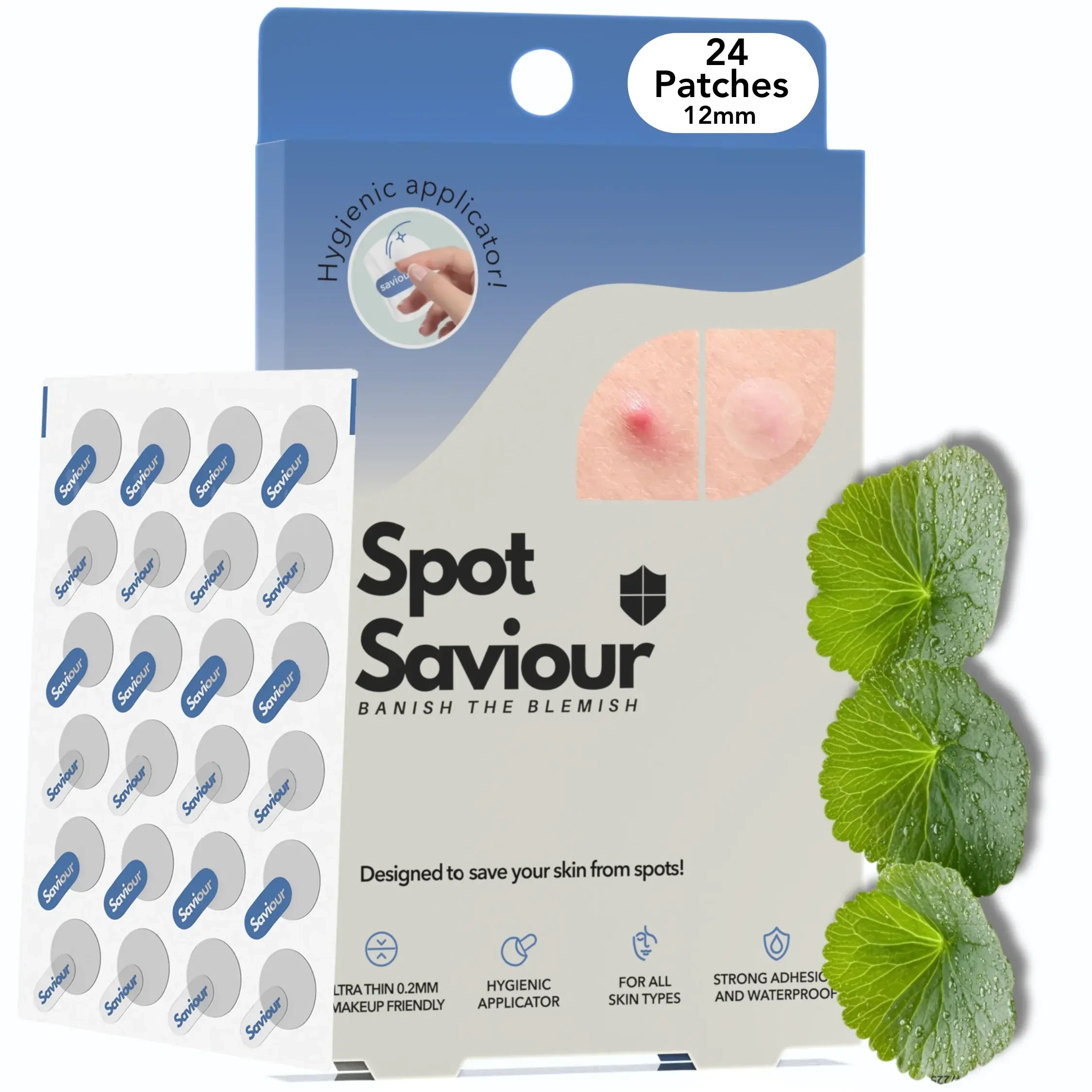 Spot Saviour spot patches 24 pack with green leaves on a white background