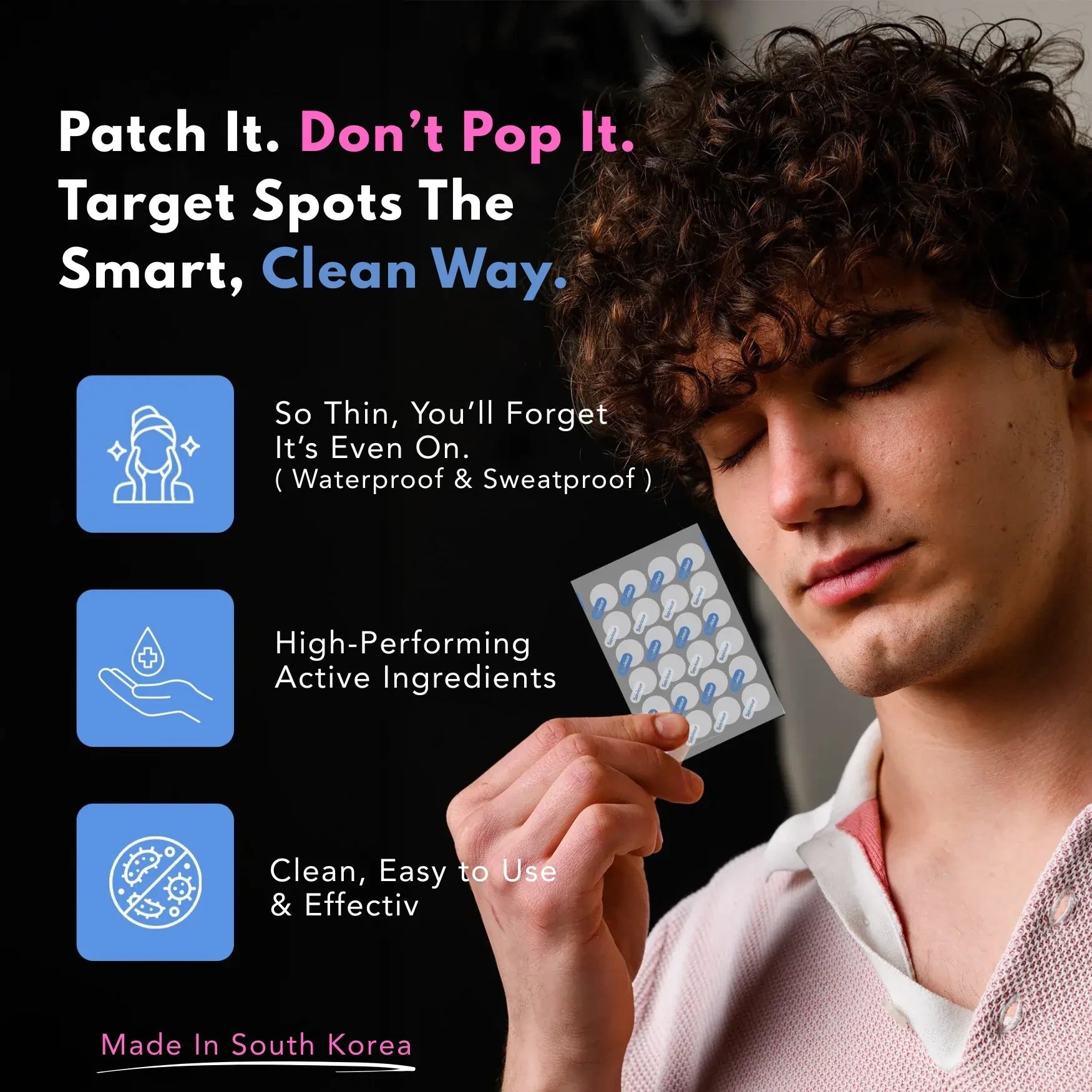 A person holding a Waterproof acne patches with high-performing active ingredients, made in South Korea, thin & discreet for clear skin care.