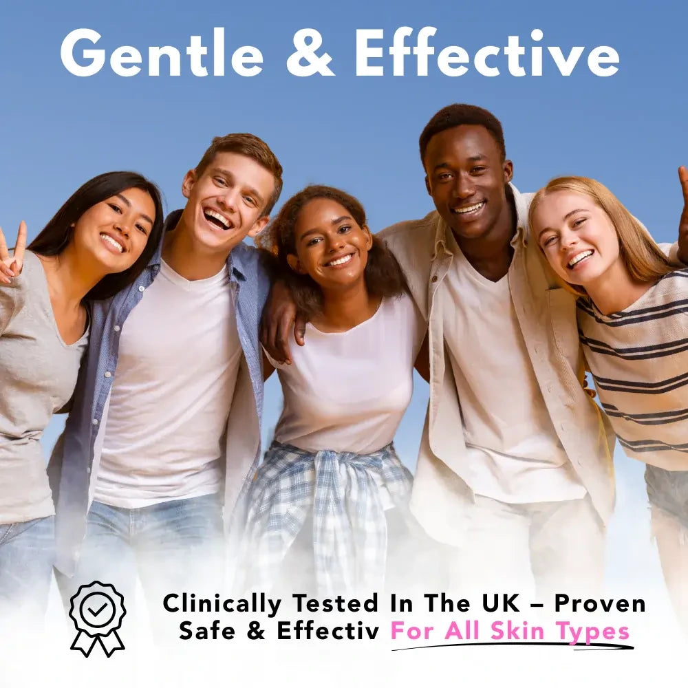 Five people posing together with a blue sky background, promoting a product as clinically tested and safe for all skin types.