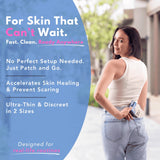 Woman wearing a white tank top and blue jeans with promotional text about skin care product on a blue overlay.