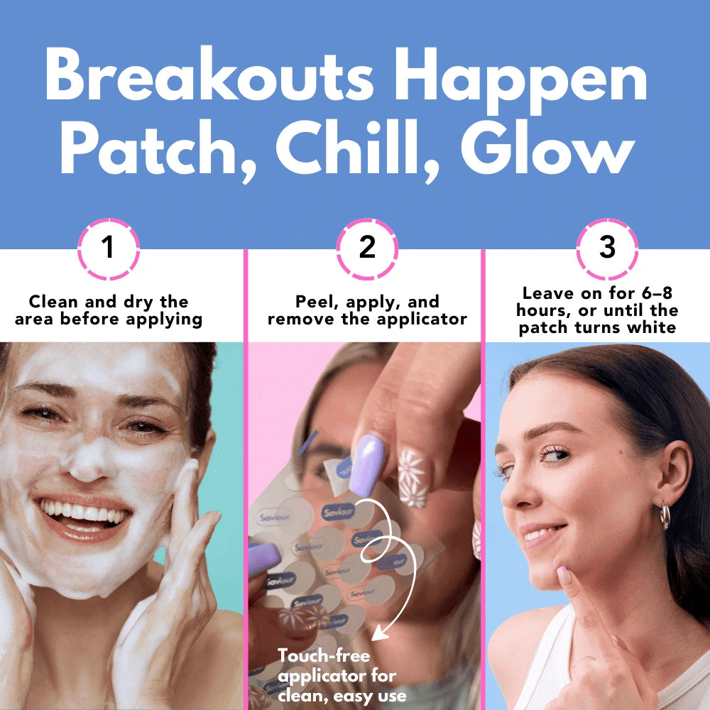 Instructions for using a skincare spot patches with a blue background and step-by-step guide.