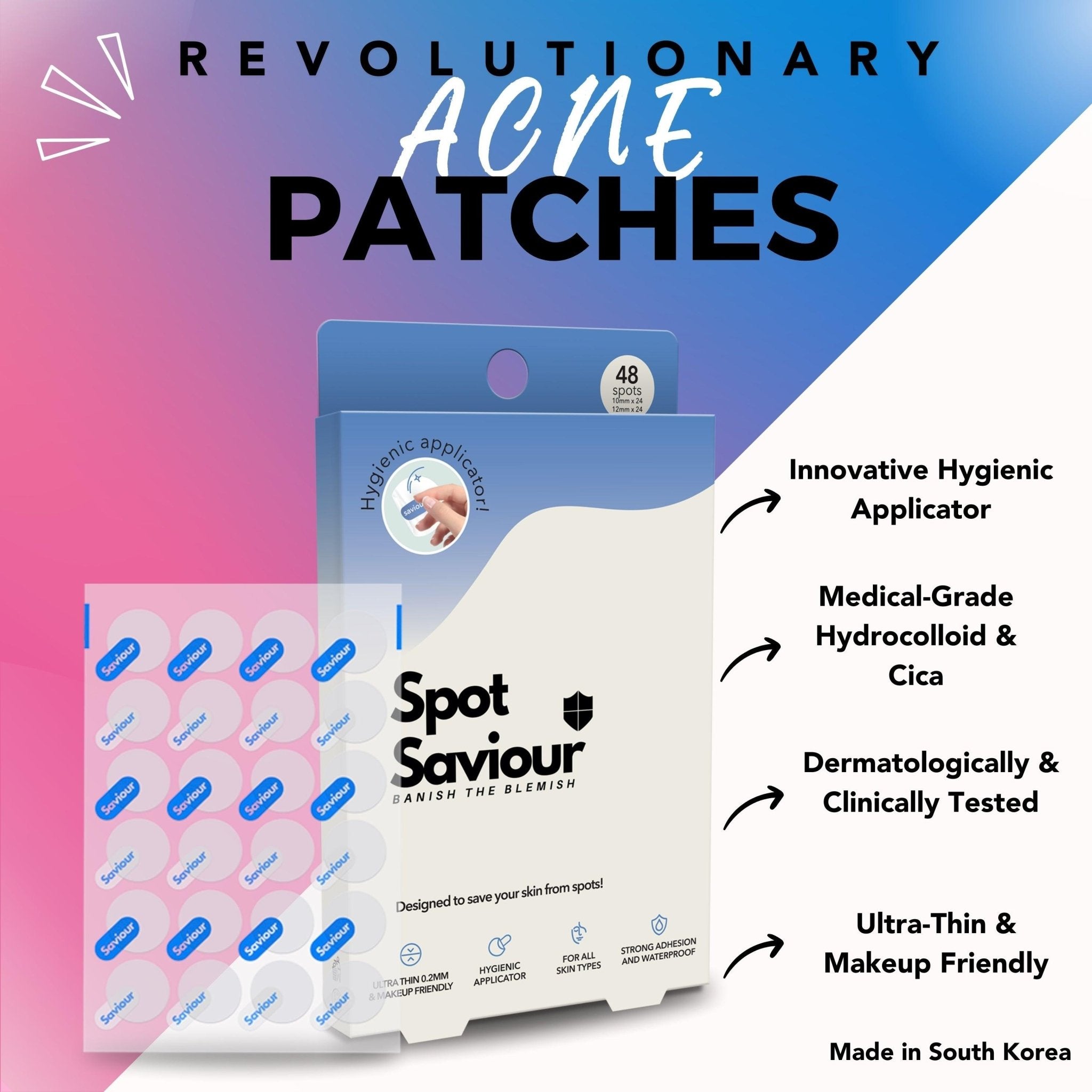 Pack of 48 Acne Patches – Two Sizes, Hygienic Applicator, Fast - Acting, Ultra - Thin, Dermatologically Tested - Spot Saviourpimple patchesPack of 48 Acne Patches – Two Sizes, Hygienic Applicator, Fast - Acting, Ultra - Thin, Dermatologically Tested